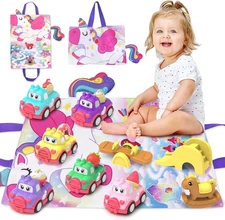 Toddler Car Toys, 10 PCS with Playmat/Storage Bag, Toys for 2-4 Year Olds, Birth