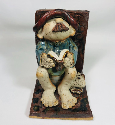 Vintage Art Pottery Sculpture - K2 - Scottish Man Reading on Commode with Cat