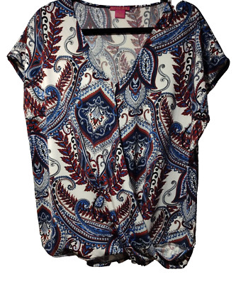 Sunny Leigh Women's Size P Cross Blouse Geometric Short Sleeve Multicolor