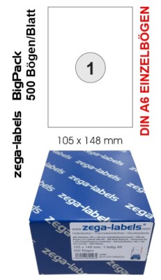 500 Etiketten 105 x 148 mm EINZELN = 500 DIN A6 Bögen(1x1 Etikett DIN A6)UPS DPD