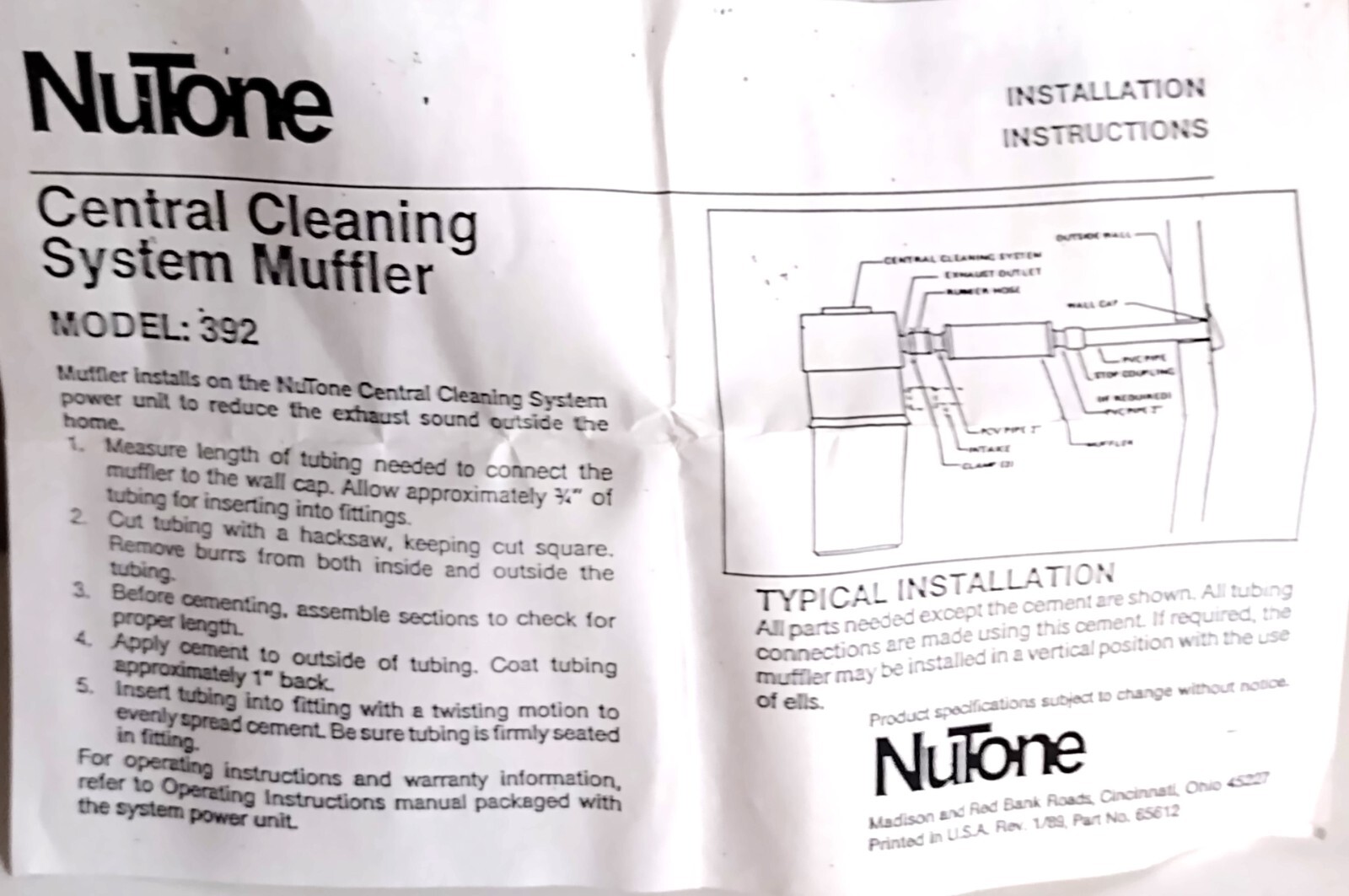 Nutone 392 Central Vacuum System Muffler 784891773204 eBay