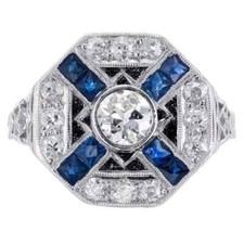 Old European Center CZ With Square French Claibre Shaped Sapphire Art Deco Ring