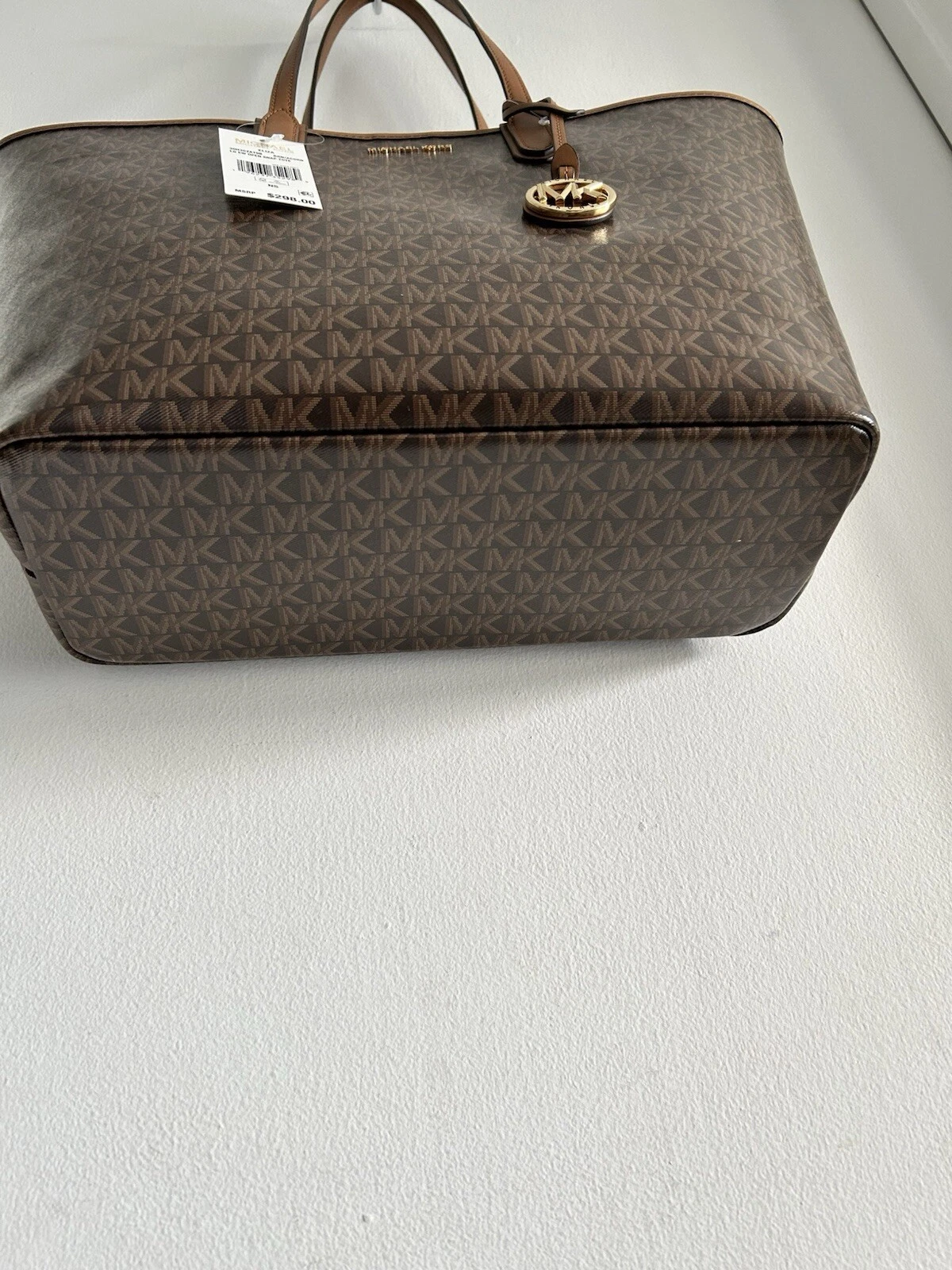 Borsa grande Michael Kors Eliza marrone con logo ghianda nuova con etichetta