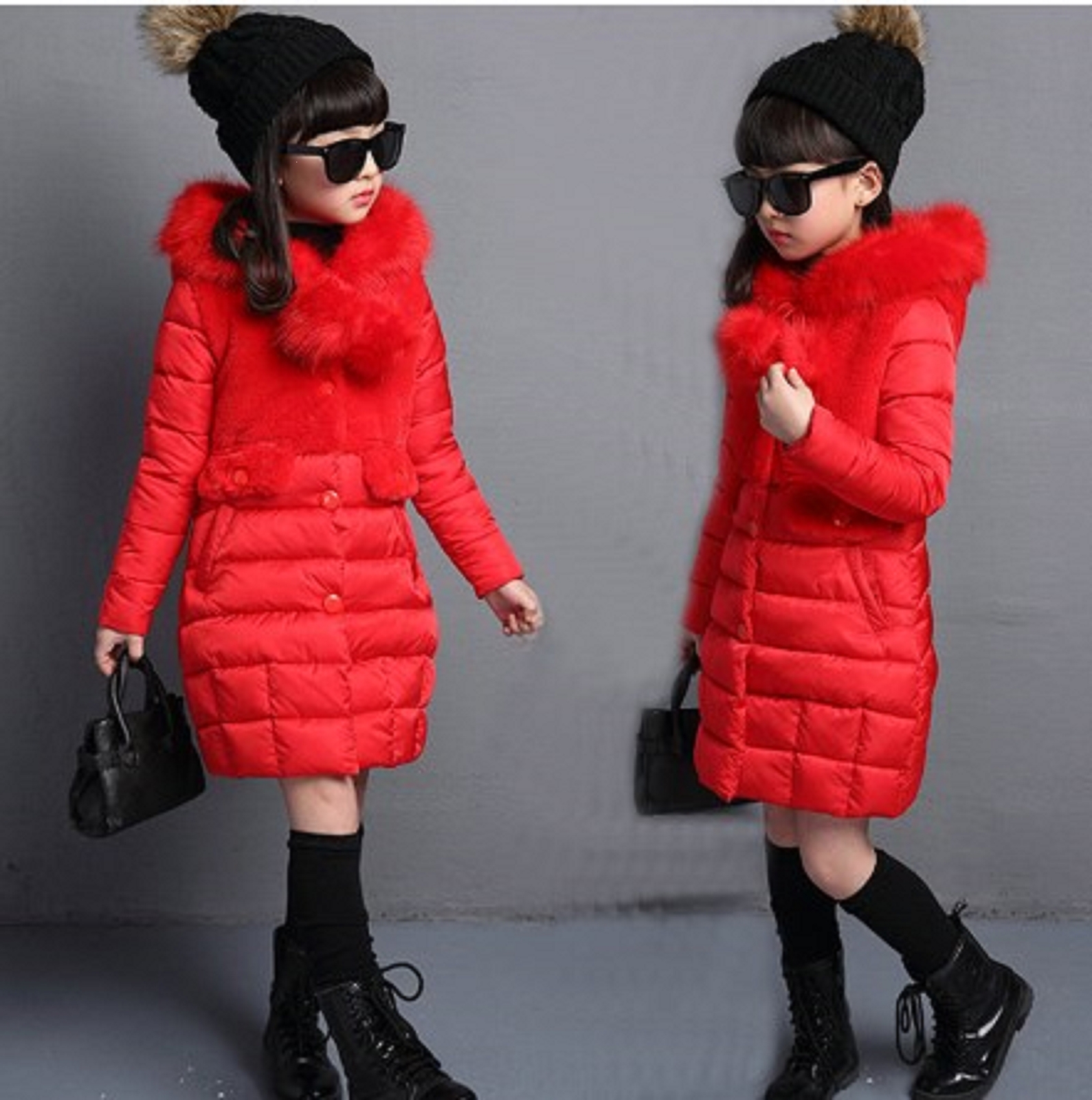 Girls Kids Winter Warm Coat Padded Jacket Faux Fur Hooded Long Parka