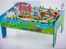 Wooden Train Set Table For Young Children. Hand Painted Tracks, Cars, Boats  