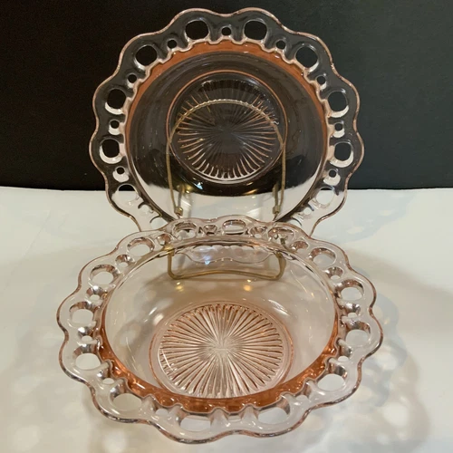 Open Lace Bowl Pink Old Colony Set 2 Berry Fruit Salad Depression Glass  6 1/2"