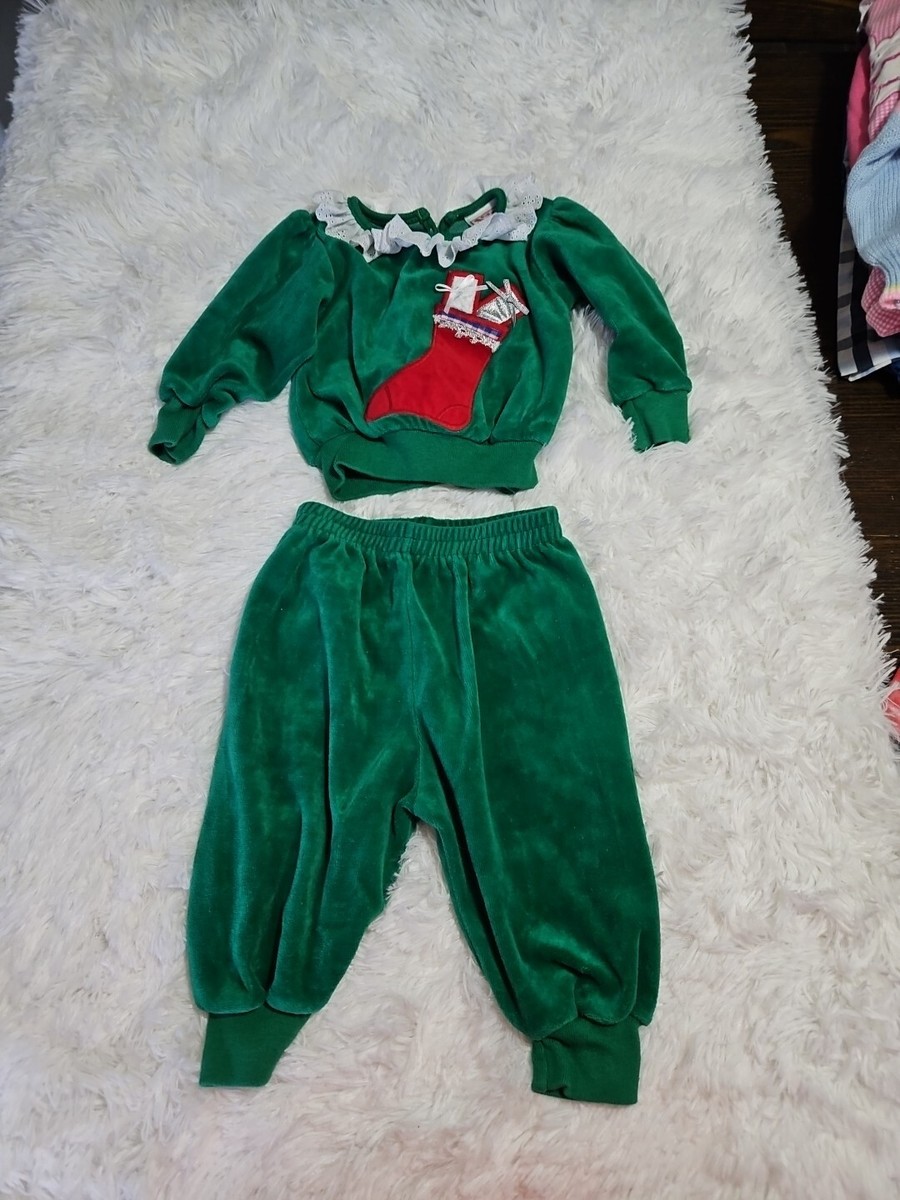Vintage Buster Brown Piece Green Velvet Christmas Outfit 6/9