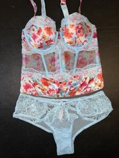 Victoria's Secret 34C 36B M CORSET TOP BUSTIER SET M Panty BLUE Red Pink Poppy