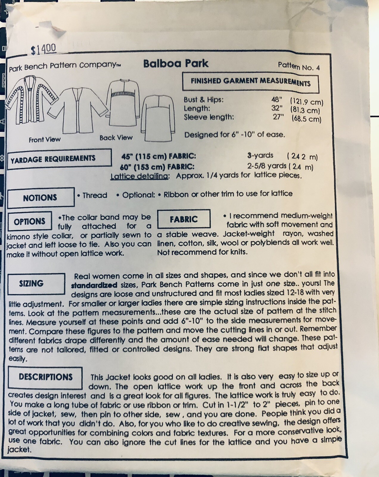 VTG `95 Park Bench Sewing Pattern # 4 Balboa Park Jacket Kimono Style 2 ...