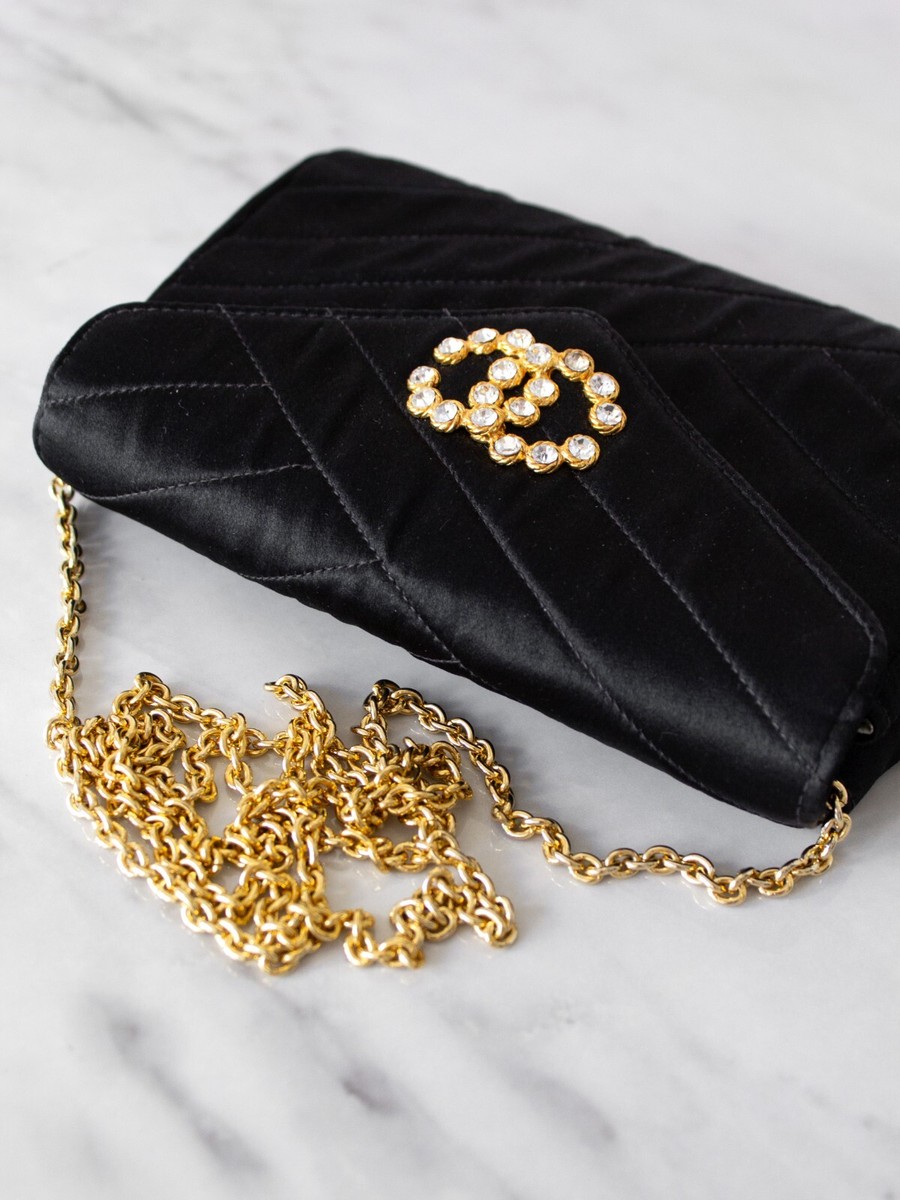 Chanel Vintage 1992 Black Gold Crystal Embellished CC Satin Chanel Vintage 1992 Black Gold Crystal Embellished CC Satin