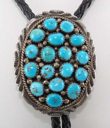 Native Antique American Sterling Silver Multi Blue Turquoise Bolo Tie LNH2 - Picture 2 of 6