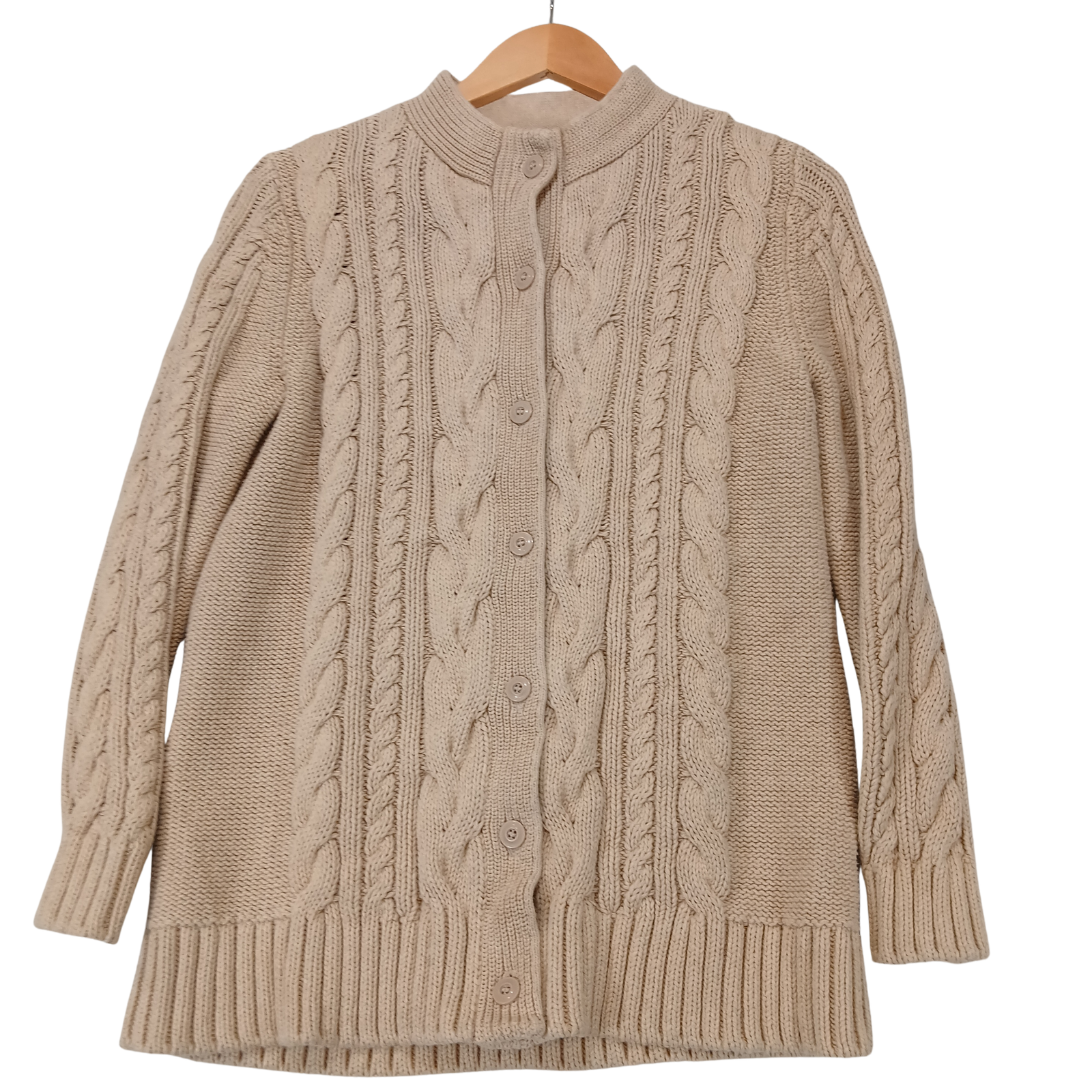 LL Bean 1X Plus Cable Knit Cardigan Cotton Oatmeal Button Sweater Womens