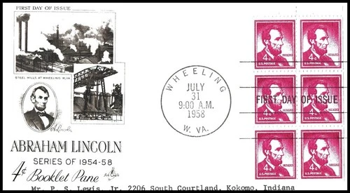 USA FDC - 1958 - Lincoln 4c Booklet Pane of 6, Scott # 1036a, Artcraft