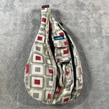 KAVU Rope Sling Bag Geometric Squares Red Gray Beige Canvas Backpack