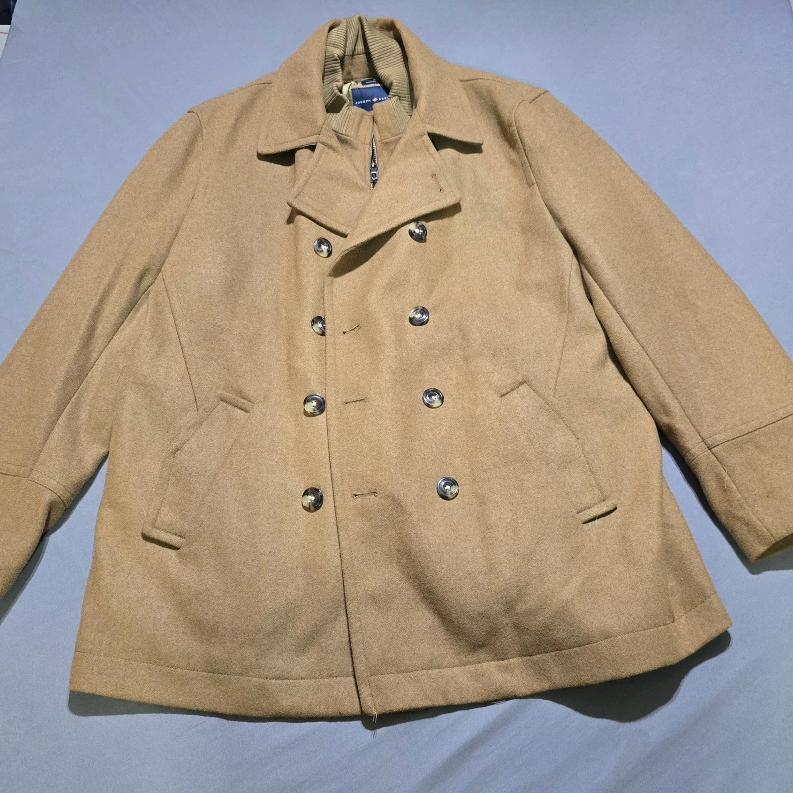 Joseph Abboud Peacoat Mens XXL Tan Wool Blend Double Breasted Zip Bib Modern Fit