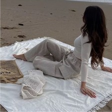 NEW Reformation Ethan Linen Wide Leg Pant in Oatmeal Size Small