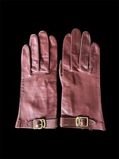 Vintage Oxblood Maroon Leather Driving Gloves, Gold Buckle, Sz 6.5
