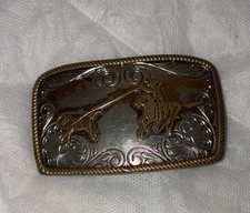 Vintage Nickel Silver Team Calf Roping Rodeo Belt Buckle Western Cowboy Trophy