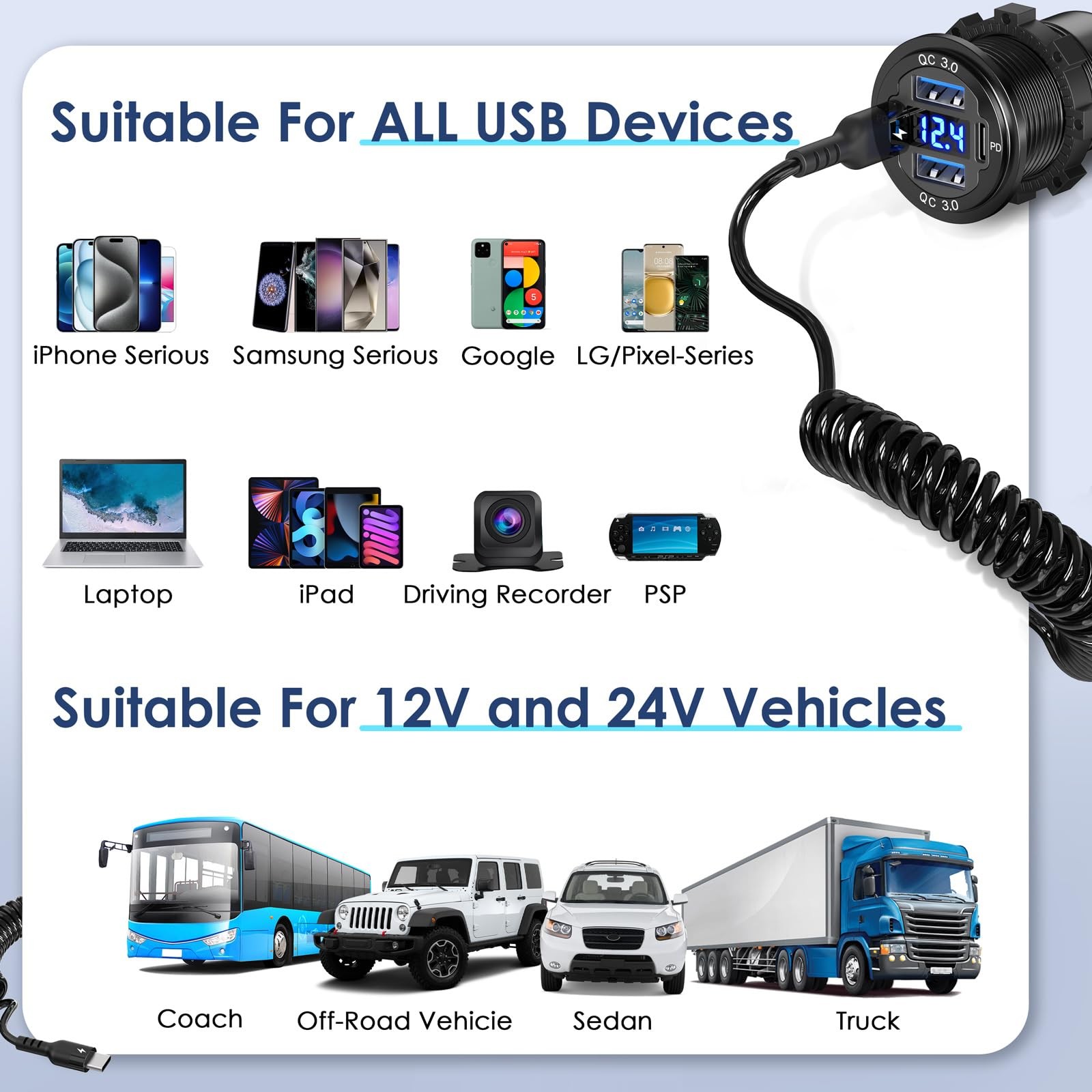 upgraded Version‘ 78w 12v Usb Outlet 4 Port Dual 30w Pd & Dual Quick Charge 3.0