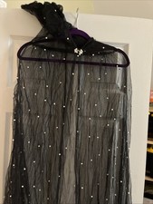 Black Tulle Pearl Cloak Long Train Hooded Cape for Women Wedding Halloween Rare 