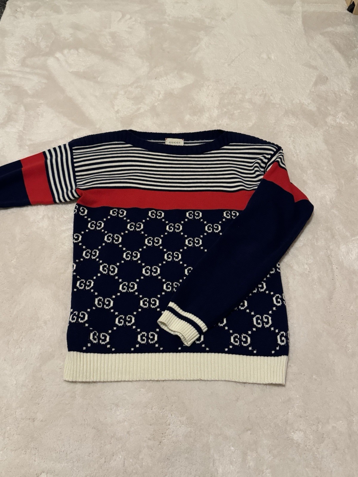 Gucci Kids Age 10 (Might fit Womens XS) GG Monogram Jumper Navy Red Unisex Used