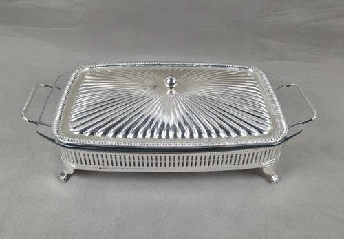 VTG Silver Plate Reticulated Chafing Dish Server w/Glass Insert PYREX England