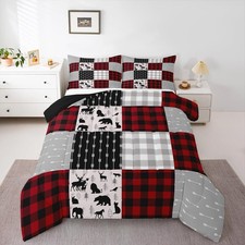 Buffalo Plaid Comforter Set For Boys Girls, Woodland Moose Bedding Set Vintag...