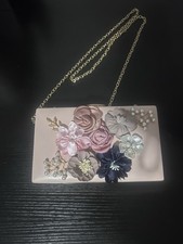 Pink Floral Clutch Pearl Beaded Gold Chain Strap Elegant Evening Bag