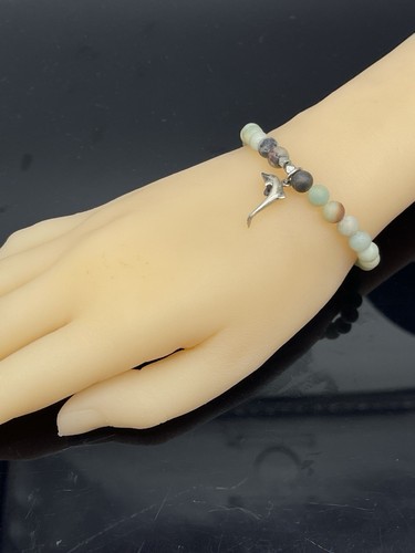 Sterling Silver Dolphin Charm Green Gemstones Stretch Bracelet Beach Vacation - Picture 3 of 4