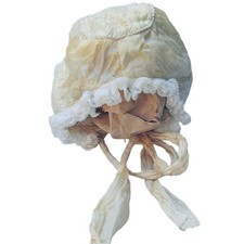 Antique Victorian Baby Bonnet Cap Ribbon Ties Lace Trim Decoration Only FLAWED