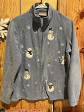 Croft  Barrow Fleecy Embroidered Christmas Full Zip Sweater Smoky Blue Size S