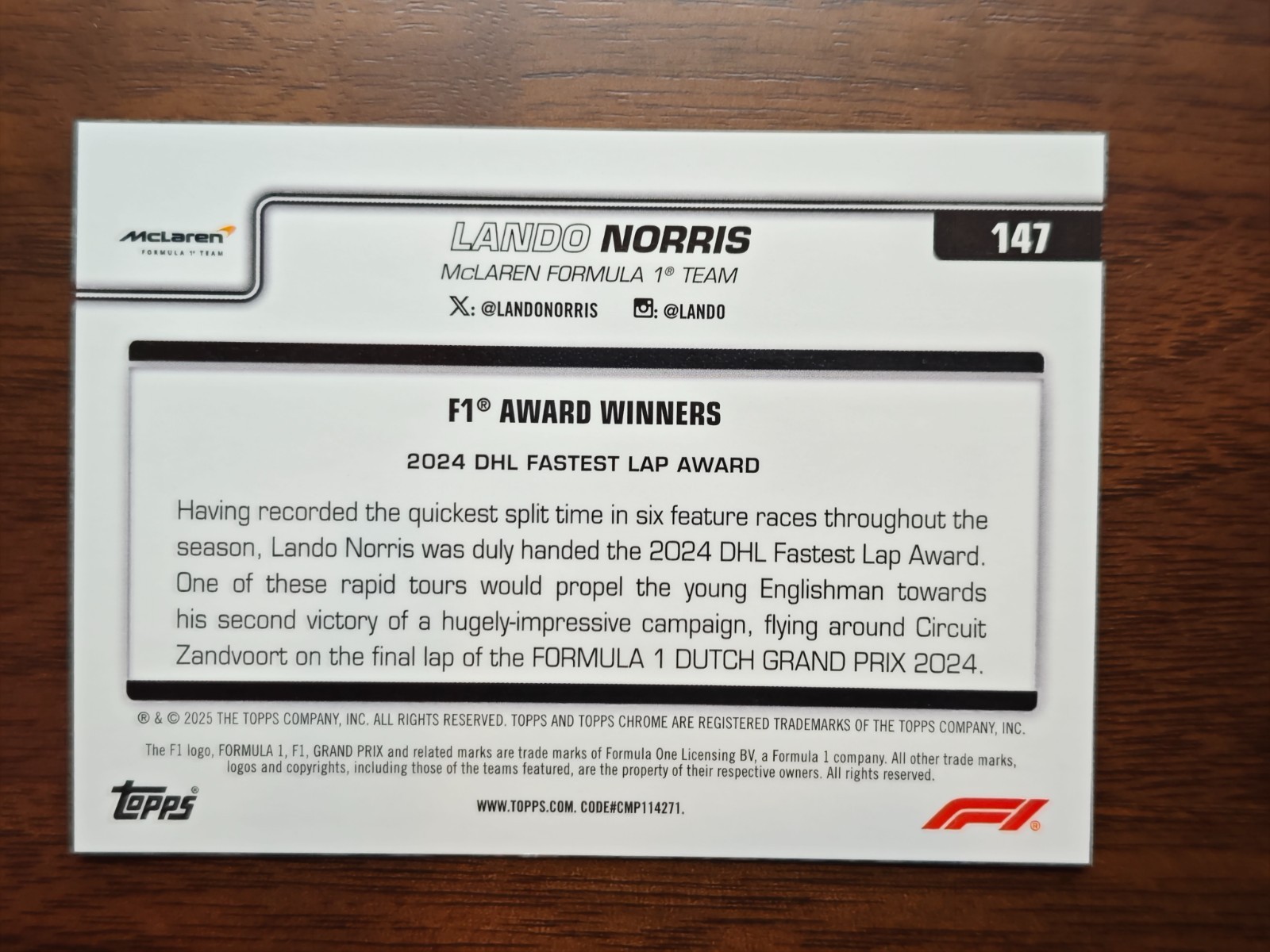 2025 Topps Chrome F1 Lando Norris 75th Gold Logo Fractor 42/50 view 2