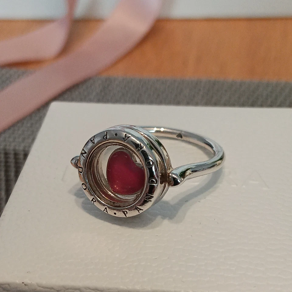Genuine Pandora Signature Logo Floating Locket Ring  with pink heart charm 56 - Image 3 of 4