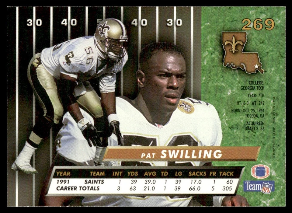 1992 Ultra ! Pat Swilling New Orleans Saints #269 - Image 2 of 2