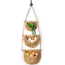 Lawei 3 Tier Hanging Fruit Basket Wall Vegetable Baskets Cotton Woven Storage