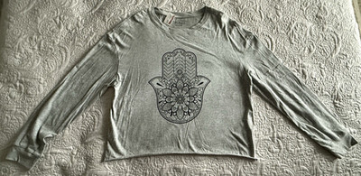 Miken Flow Women's Long Sleeve T-Shirt in Gray Heather w Hamsa Hand, Size L, NWT