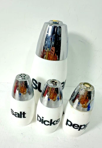 Vintage Gemco White Milk Glass Salt & Pepper SUGAR PICKS Set w/ Black Lettering