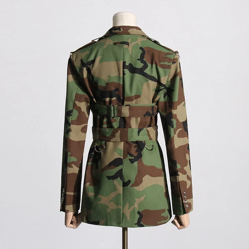 Womens Party Street-wear Fashion Camouflage Slim Fit Blazer Coats Overcoats Belt - Picture 4 of 15