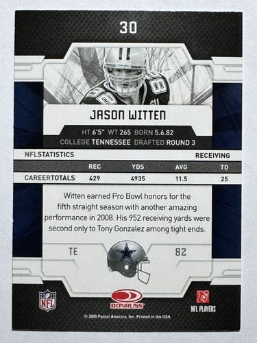 JASON WITTEN Dallas Cowboys, Raiders 2009 Panini Donruss Elite Football Card #30 - Picture 3 of 3