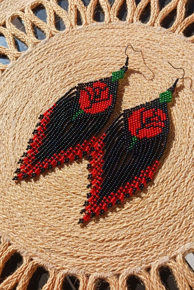 Flower earrings red rose czech glass beads dangle earrings boho blossom earrings - Image 3 of 4