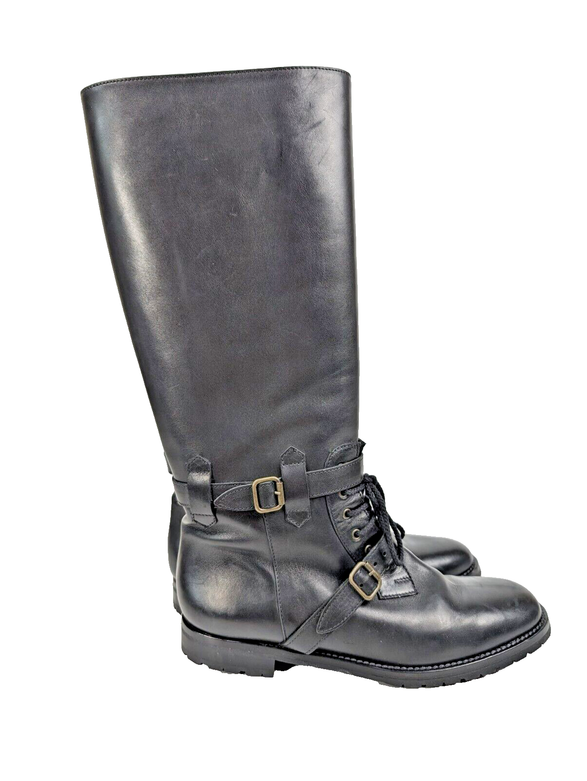 Manolo Blahnik Buckled Riding Boots Black Leather Size US 8.5 38.5 Vibram