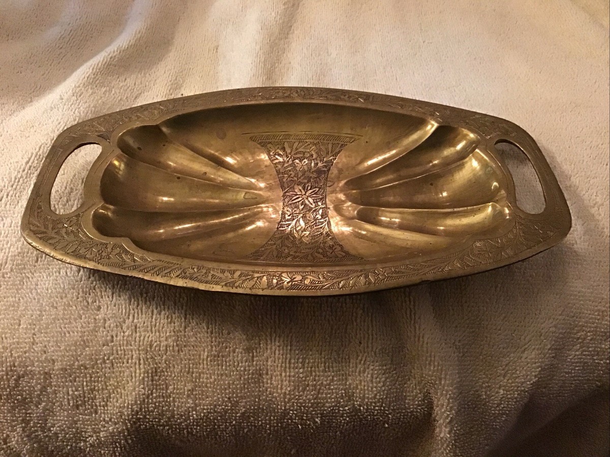 Antique Solid Brass Etched Tray/Trinket Dish India Vintage