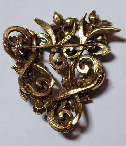 1950s Vintage Florenza Brooch Pin Floral Rhinestone Pearl Turquoise Pink Amber - Picture 6 of 7