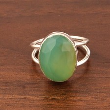 Checker Cut Real Green Chalcedony Silver Plated Oval Shape Adjustable Ring