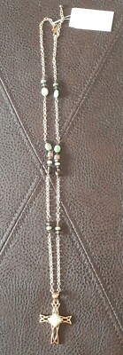 Studio Barse Bronze Variscite Smoky Quartz Religious Cross Pendant 28'' Necklace 