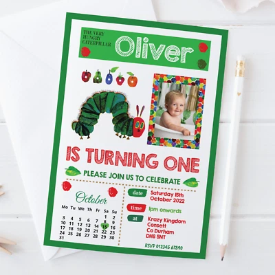 10 Personalised The Very Hungry Caterpillar Photo Birthday Party Invitations