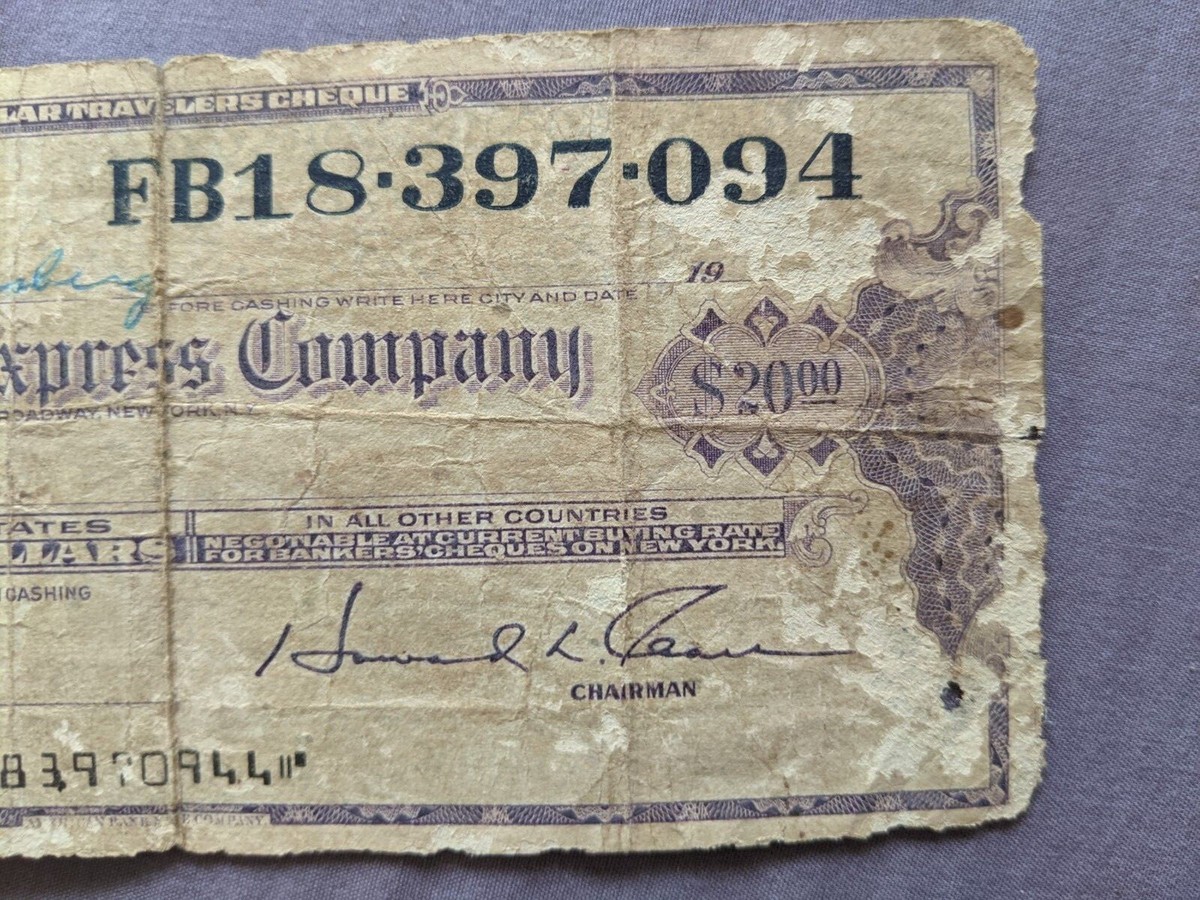 20$ American Express US Dollars Unused Travelers Cheque From