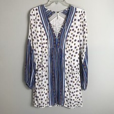 Free People Rain or Shine Tunic Dress-Ivory Blue Purple-Boho-Size XS