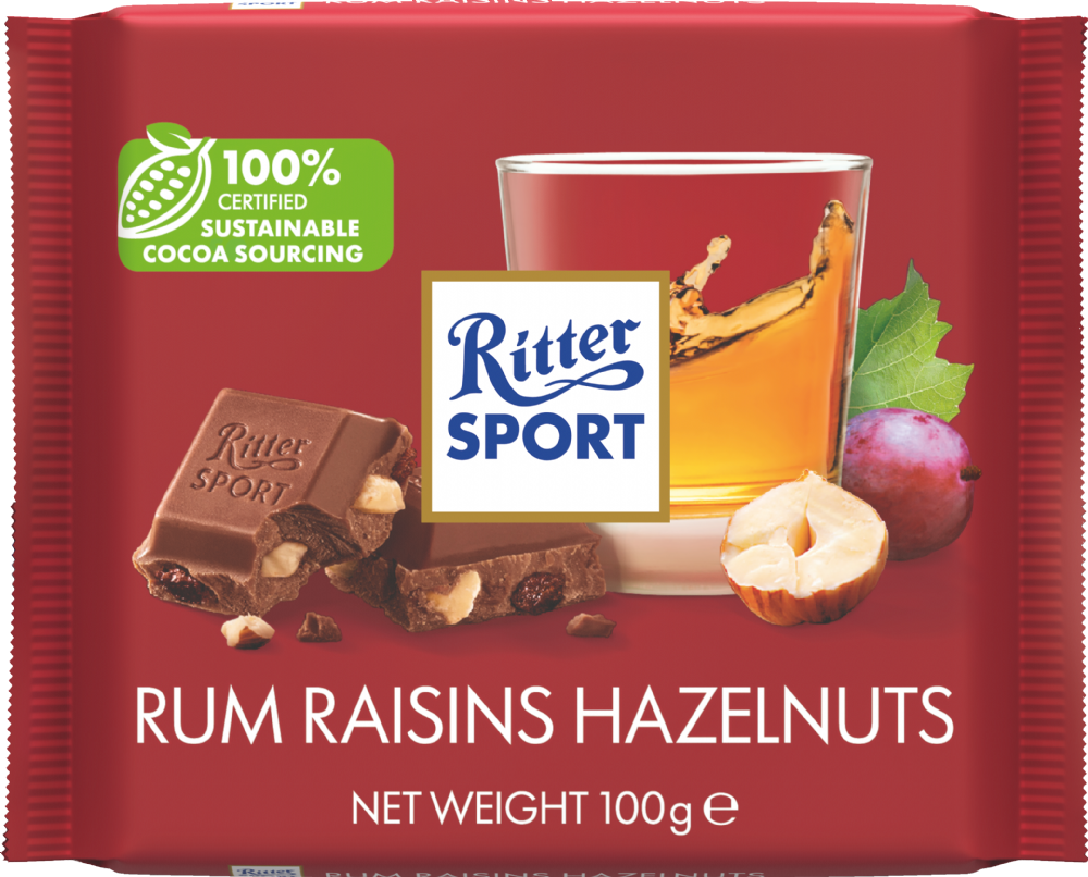 Ritter Sport Rum, Raisin & Hazelnuts Milk Chocolate 100g- Pack of 3