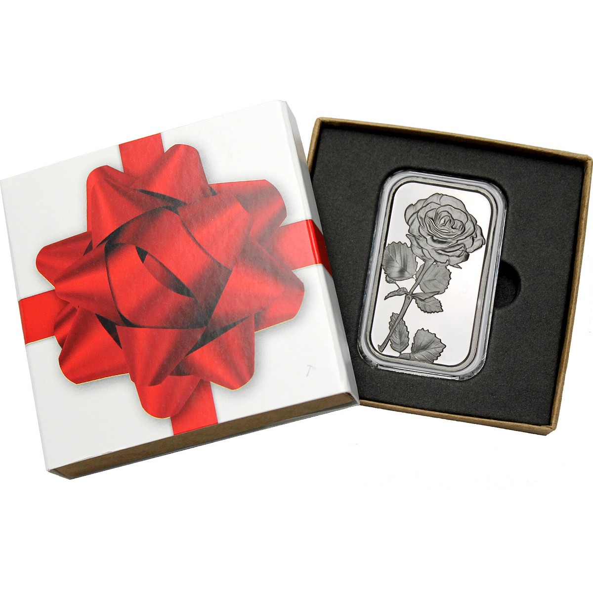 Rose Flower 1oz .999 Fine Silver Bar by SilverTowne in Red Bow